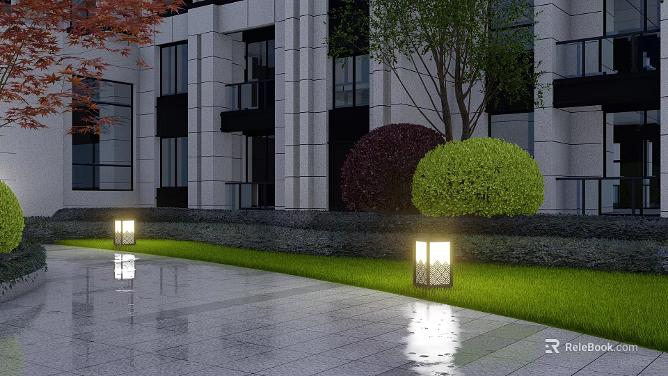 Outdoor Lights Illuminating Modern Building Lawn With Green Purple Shrubs And Paved Ground Reflections 3d model 