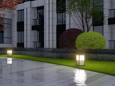 Outdoor Lights Illuminating Modern Building Lawn With Green Purple Shrubs And Paved Ground Reflections 3d model