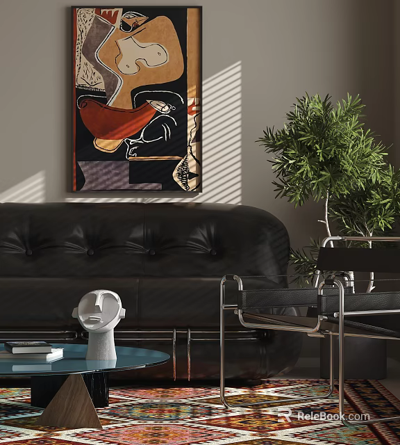 Black Leather Sofa and Glass Coffee Table Set With Green Plant and Wall Painting 3d model 