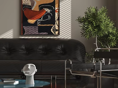 Black Leather Sofa and Glass Coffee Table Set With Green Plant and Wall Painting 3d model