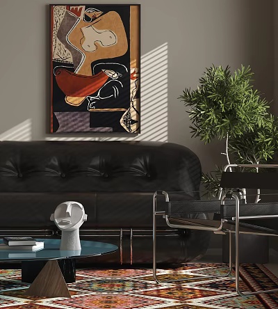 Black Leather Sofa and Glass Coffee Table Set With Green Plant and Wall Painting 3d model