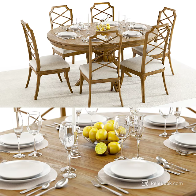 Rustic Wooden Dining Table Set With Upholstered Chairs Plates Wine Glasses And Lemons 3d model 