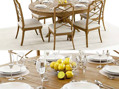 Rustic Wooden Dining Table Set With Upholstered Chairs Plates Wine Glasses And Lemons 3d model