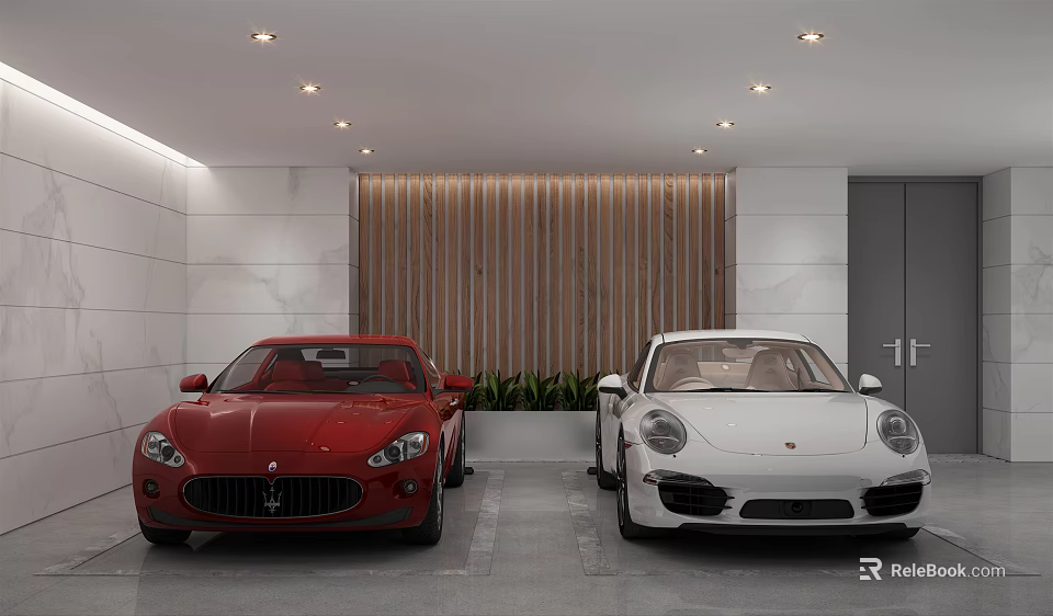 Garage Interior With Red And White Sports Cars Wooden Paneling And Ceiling Lights 3d model 