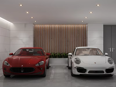 Garage Interior With Red And White Sports Cars Wooden Paneling And Ceiling Lights 3d model