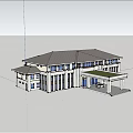 Modern Office Building Exterior with Gray Roof White Facade Large Windows Portico and Landscaped Lawn