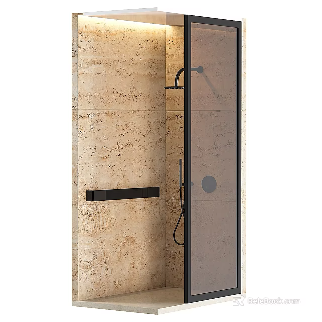 Modern Shower Sauna with Beige Stone Walls Black Showerhead Handheld Shower and Glass Partition 3d model 