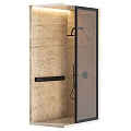 Modern Shower Sauna with Beige Stone Walls Black Showerhead Handheld Shower and Glass Partition