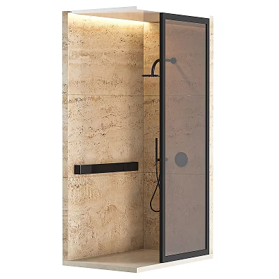 Modern Shower Sauna with Beige Stone Walls Black Showerhead Handheld Shower and Glass Partition 3d model
