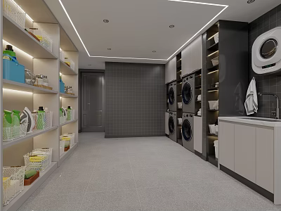 Modern Laundry Room With Washing Machines Dryers Cabinets Shelves Gray Tiles And Storage Baskets 3d model