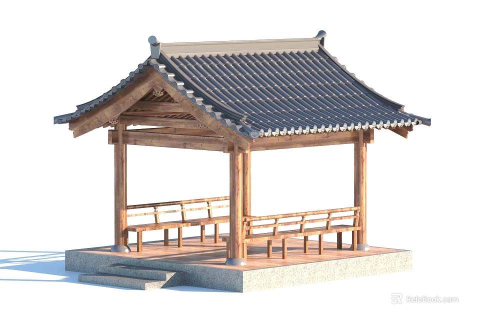Ancient Traditional Pavilion With Wooden Structure Tiled Roof Stone Base And Benches 3d model 