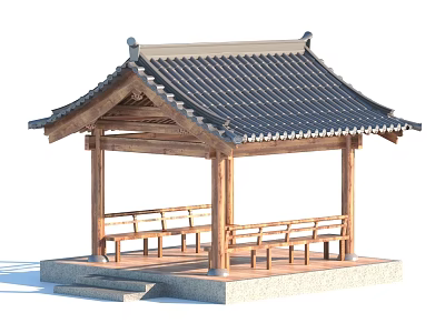 Ancient Traditional Pavilion With Wooden Structure Tiled Roof Stone Base And Benches 3d model