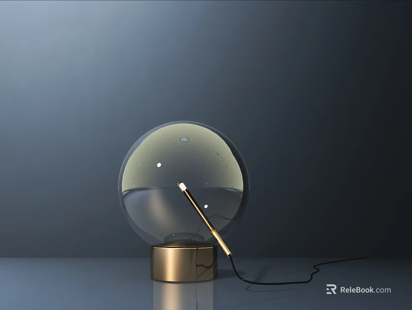 Modern Transparent Spherical Table Lamp With Golden Base And Slim Gold Rod 3d model 
