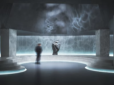 Modern Cultural Center Interior With Water Curtain Wall Sculpture And Lighting 3d model