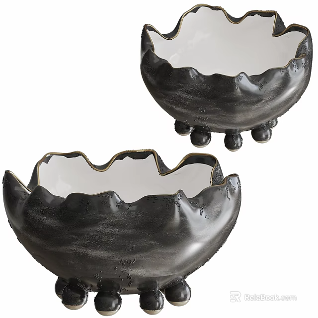 Decorative Ceramic Bowls with Black Glaze and Scalloped Edges on Small Feet 3d model 