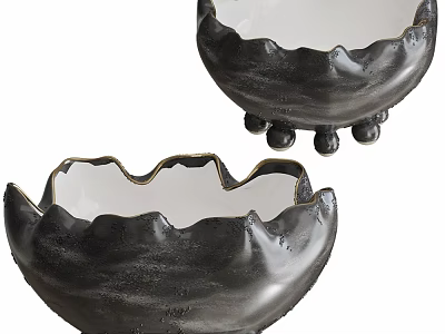 Decorative Ceramic Bowls with Black Glaze and Scalloped Edges on Small Feet 3d model