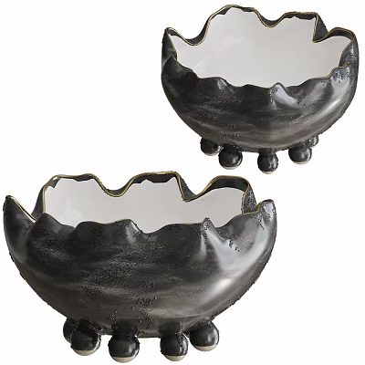 Decorative Ceramic Bowls with Black Glaze and Scalloped Edges on Small Feet 3d model