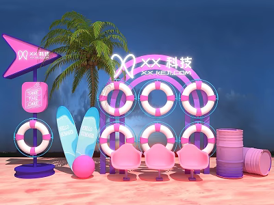 Pink Themed Photo Check-in Spot With Arch Life Rings Palm Tree And Chairs 3d model
