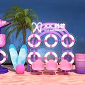 Pink Themed Photo Check-in Spot With Arch Life Rings Palm Tree And Chairs
