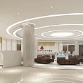 Spacious Bank Lobby With White And Beige Tones Reception Desk Sofas And Round Ceiling Lights 3d model