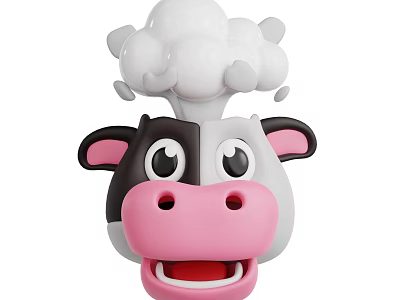 Cute Cartoon Cow Head With Black And White Pink Nose Ears And Cloud Steam 3d model