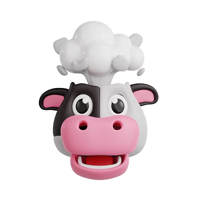 Cute Cartoon Cow Head With Black And White Pink Nose Ears And Cloud Steam 3d model