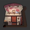 Miniature Kitchen Interior With Pink Walls Wooden Elements Refrigerator And Shelves