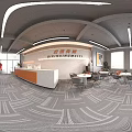 Modern Stylish Media Office Reception Desk With Warm Soft Lighting And Comfortable Waiting Lounge Area
