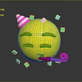 Yellow Smiley Face Wearing Party Hat Blowing Horn With Colorful Squares