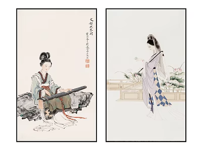 Classical Chinese Figure Paintings With Traditional Attire Guqin Lotus Flowers And Balustrade 3d model