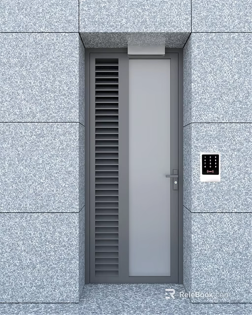 Modern Swing Door With Gray Stone Wall Louvered Vent And Electronic Control Panel 3d model 