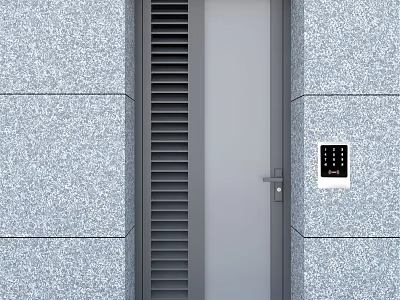 Modern Swing Door With Gray Stone Wall Louvered Vent And Electronic Control Panel 3d model