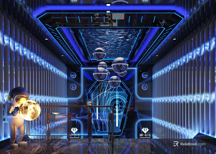 Futuristic Tech Style Interior With Blue Lighting Metallic Walls And Glowing Decor 3d model 