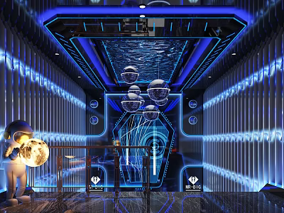 Futuristic Tech Style Interior With Blue Lighting Metallic Walls And Glowing Decor 3d model