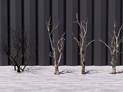 Bare Arbor Trees Against Dark Vertical Striped Wall On Light Wooden Floor 3d model