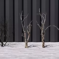 Bare Arbor Trees Against Dark Vertical Striped Wall On Light Wooden Floor