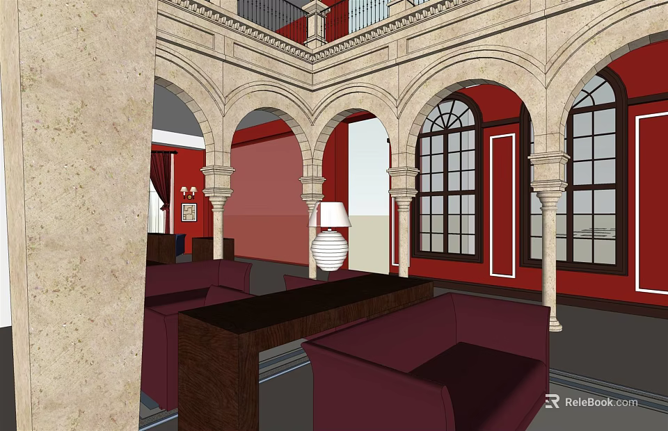 Elegant Hotel Lobby Interior With Arched Architecture Red Walls Large Windows And Maroon Sofas 3d model