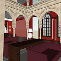 Elegant Hotel Lobby Interior With Arched Architecture Red Walls Large Windows And Maroon Sofas 3d model