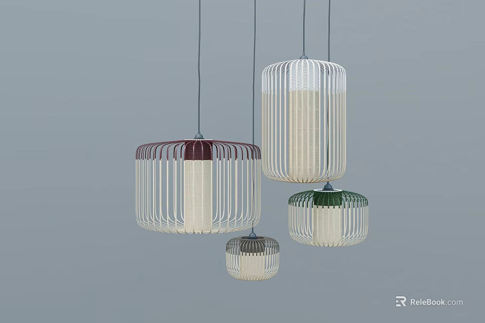 Multicolored Various Sizes Pendant Lights With Striped Metal Frame And Fabric Shades For Modern Home 3d model 