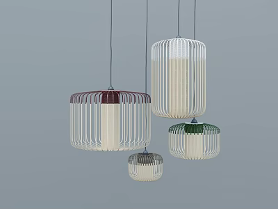 Multicolored Various Sizes Pendant Lights With Striped Metal Frame And Fabric Shades For Modern Home 3d model