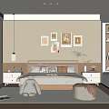 Modern Bedroom Interior With Bed Bedside Tables Framed Art Pendant Light And Soft Rug