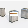 Three Old Style Upright Washing Machines With Control Panels And Worn Look