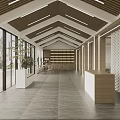 Modern Office Interior With Wooden Ceiling Slats Glass Partitions Reception Desk And City View Window