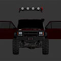 Red Modified Off-Road Vehicle With Open Doors Hood Roof Rack And Large Tires