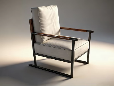 Modern Leisure Chair with White Cushion Wooden Armrest and Black Metal Frame 3d model