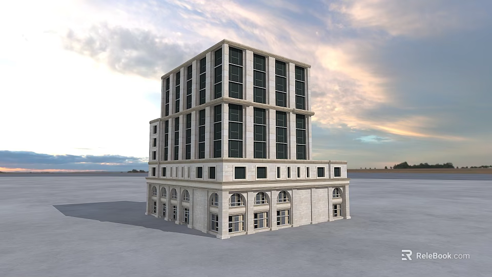 Modern Multi Storey Commercial Complex Building With Large Windows And Arched Porches 3d model 