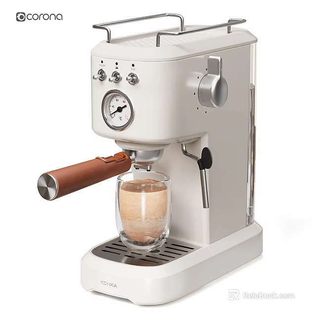 White Coffee Machine With Brown Handle Pouring Coffee Into Glass Cup With Foam 3d model 