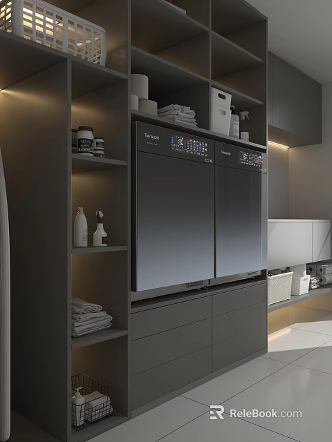 Modern Bathroom Laundry Space With Double Door Washing Machine Gray Cabinets And Towels 3d model 
