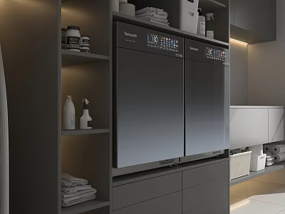 Modern Bathroom Laundry Space With Double Door Washing Machine Gray Cabinets And Towels 3d model