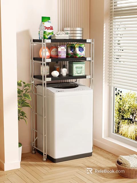 Practical Laundry Room Storage Shelf Over Washing Machine With Detergent Bottles And Cleaning Supplies 3d model 